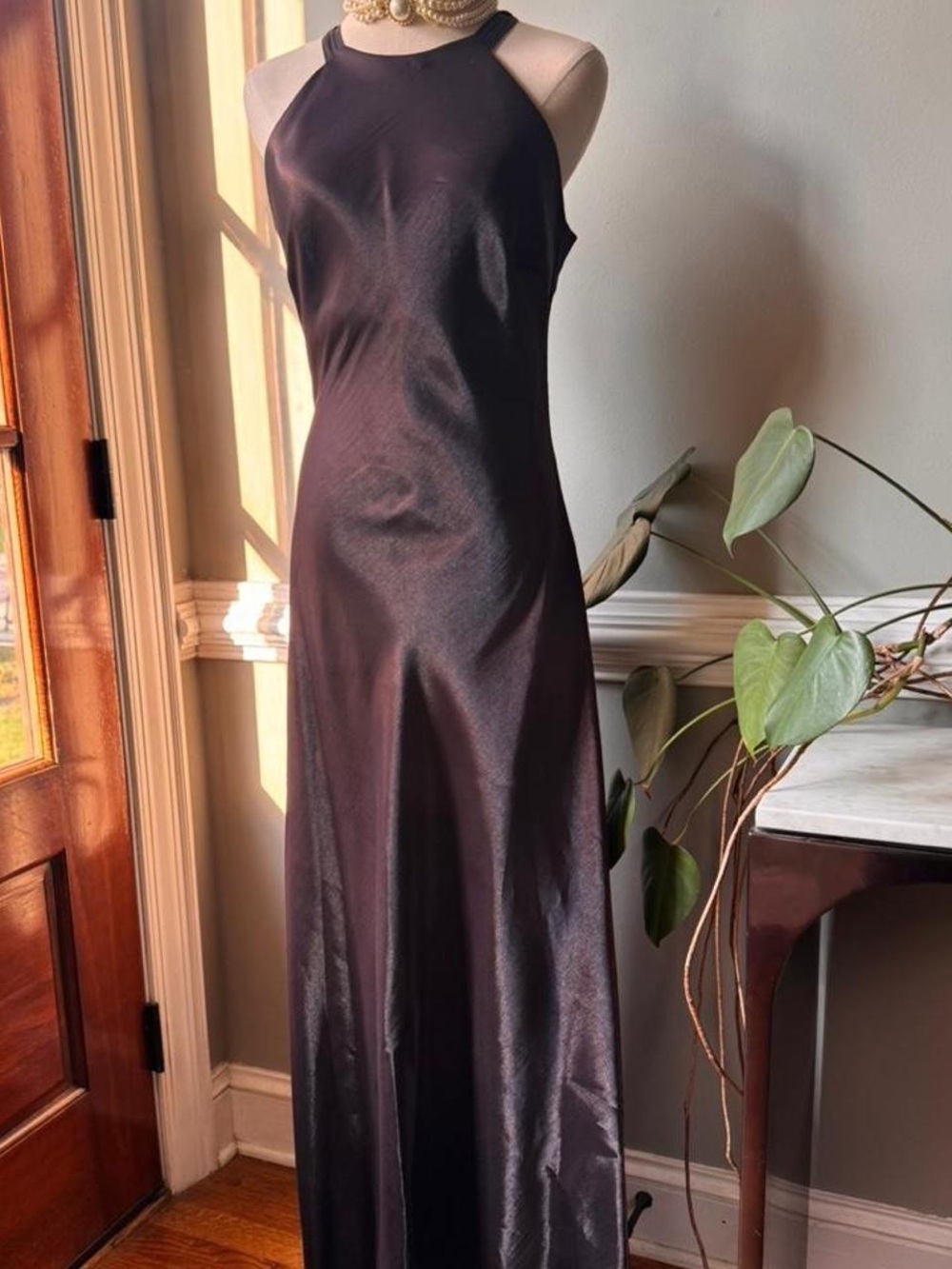 Sleek Black Satin Halter Maxi Dress